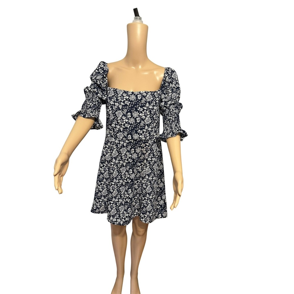Mi Ami Women Navy Blue‎ White Floral Smocked Puff Sleeve Mini Dress Large NEW